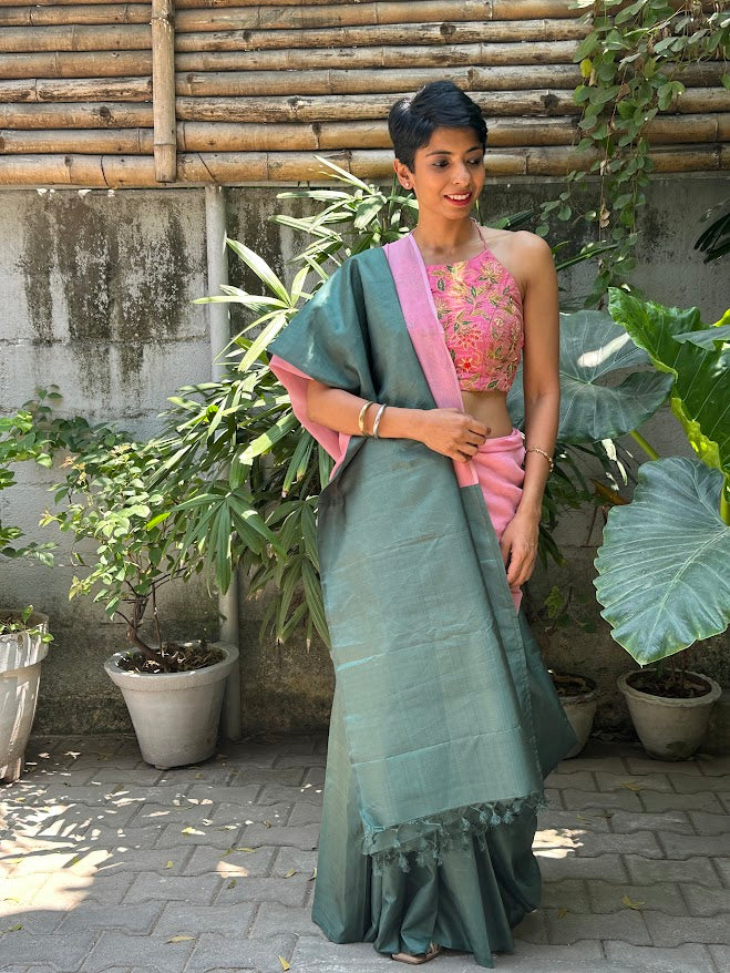 Mishrita green pink fusion saree 2