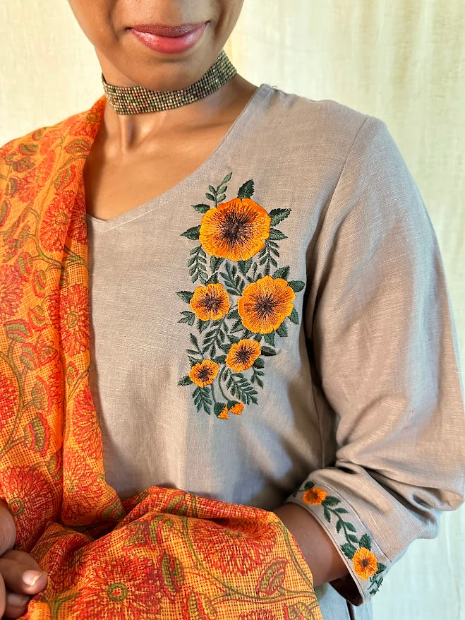 Mocha linen embroidered kurta