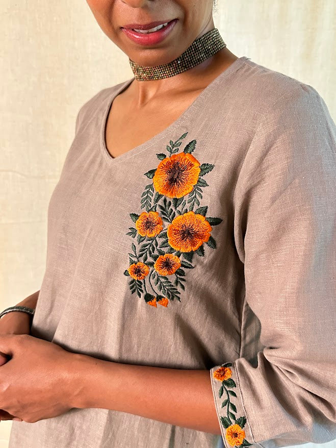 Mocha linen embroidered kurta