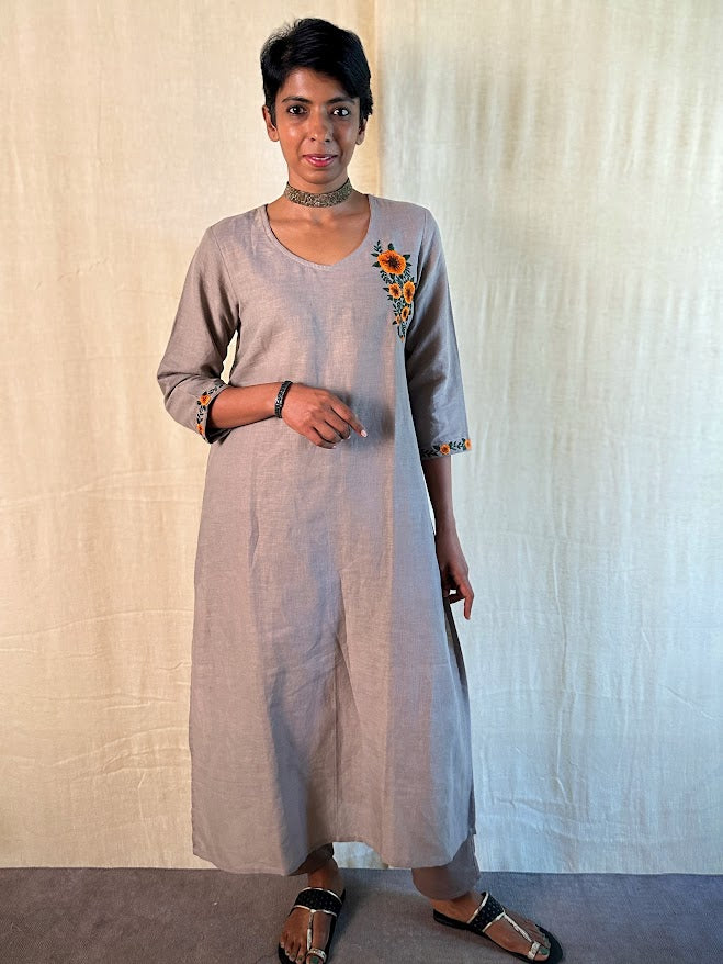 Mocha linen embroidered kurta