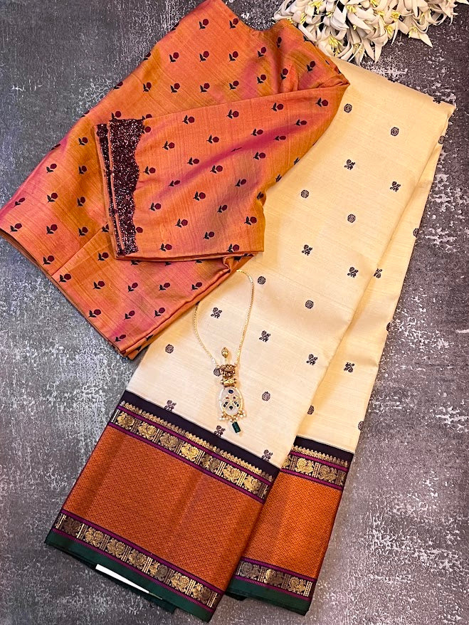 Mohana cream rust kanchipuram silk saree