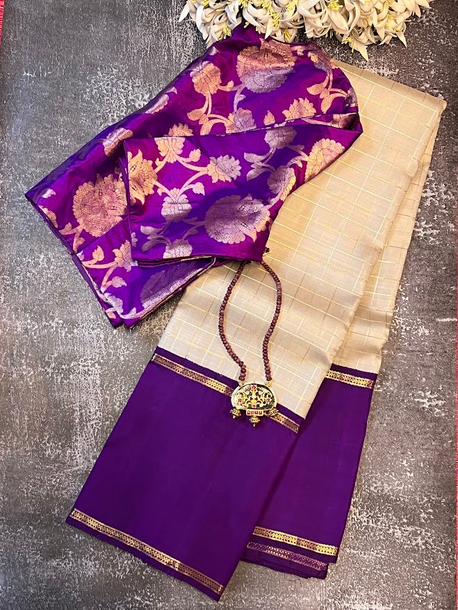 Mohana cream violet kanchi silk saree