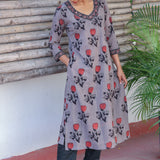 Grey rose printed cotton kurta
