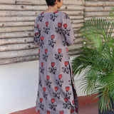 Grey rose printed cotton kurta
