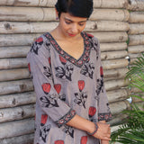 Grey rose printed cotton kurta