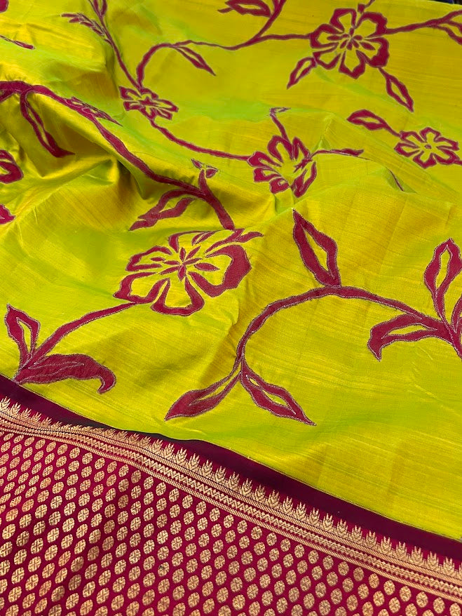 Nidhi lemon green brown appliqued kanchipuram silk saree 3