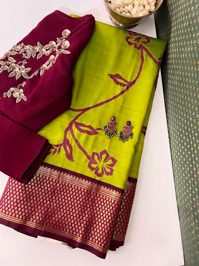 Nidhi lemon green brown appliqued kanchipuram silk saree