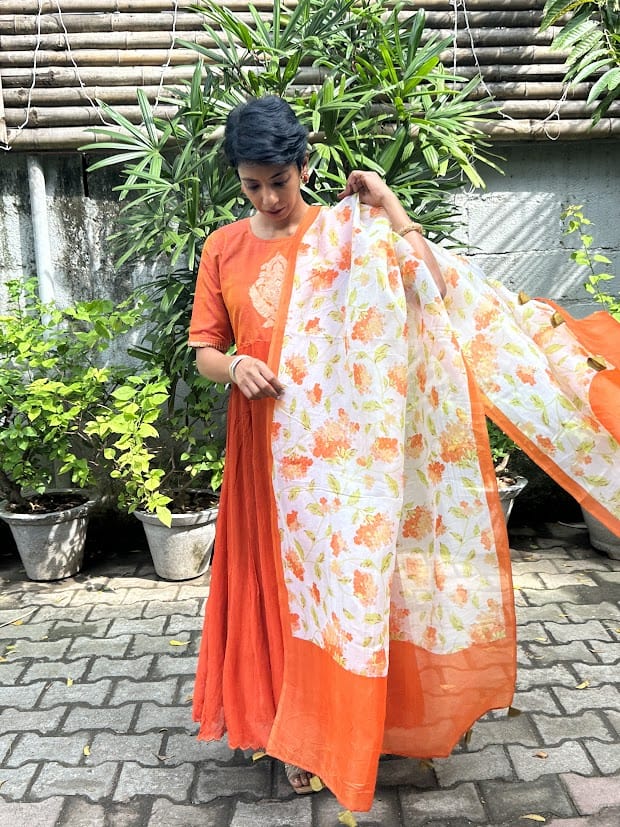 Nisha Orange floral printed organza dupatta