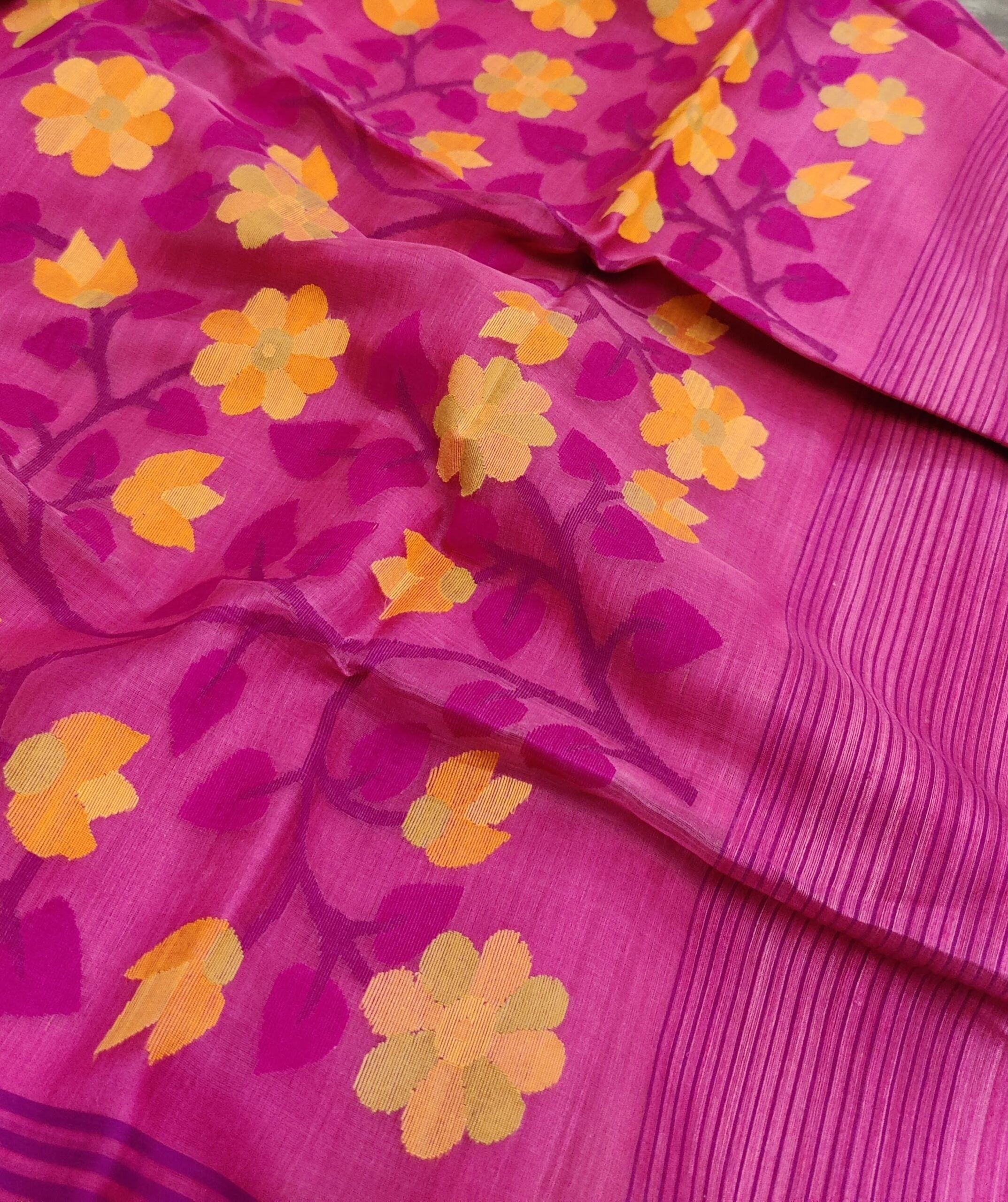 Pink-magenta-yellow-and-orange-handwoven-Matka-silk-saree-with-flower-buttis-3.jpg