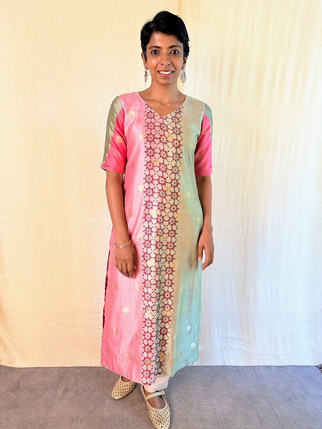 Pink green silk kurta