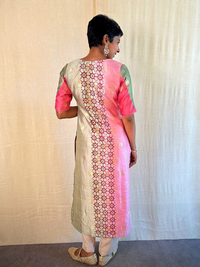 Pink green silk kurta