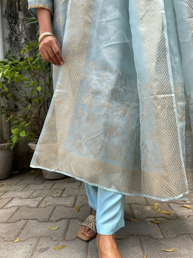 Powder blue gold linen block printed set 3