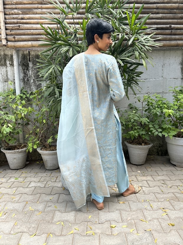 Powder blue gold linen block printed set 5