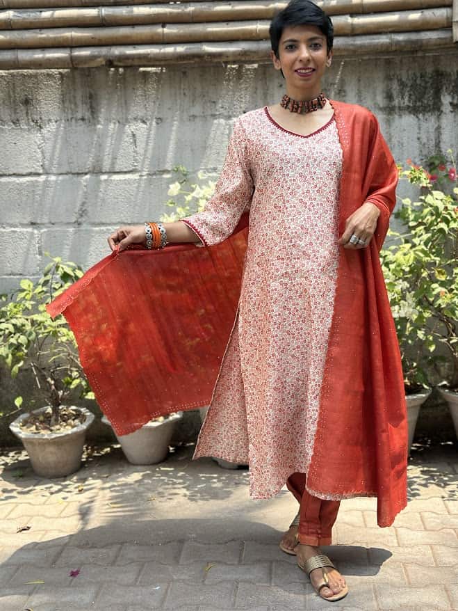 Rang cream oraange silk kurta