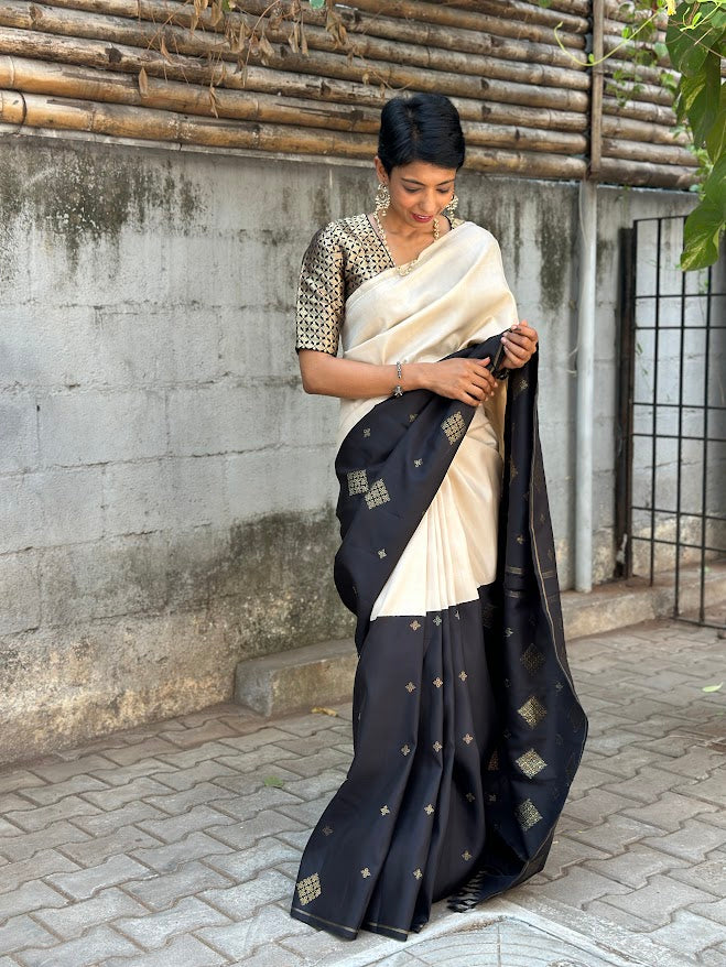 Ranya black cream korvai kanchipuram silk saree 4