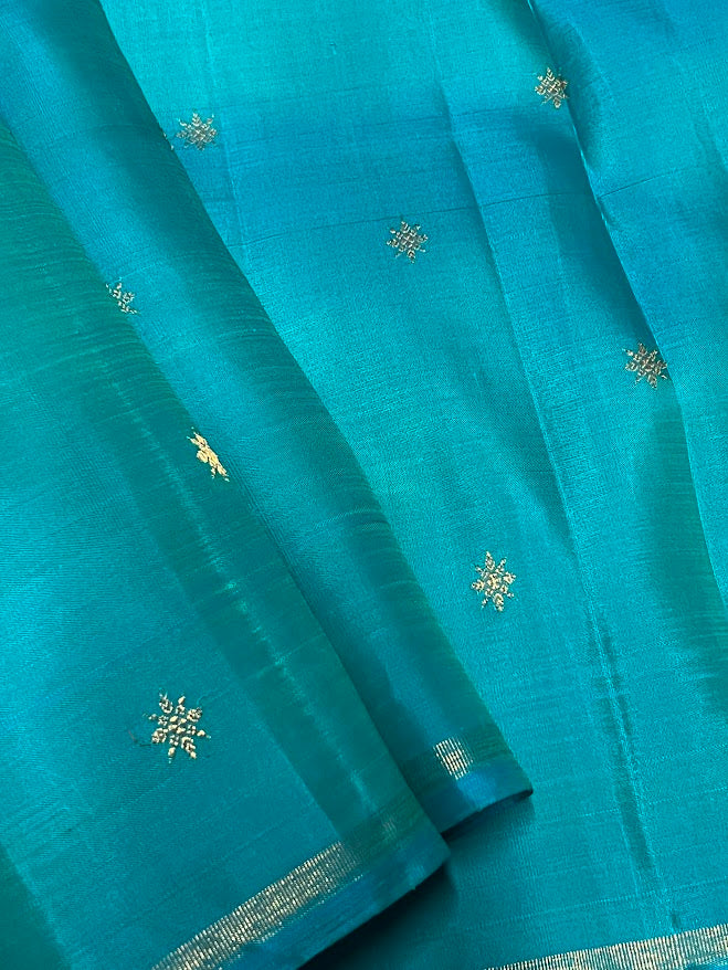 Ranya teal yellow kanchipuram silk saree 1