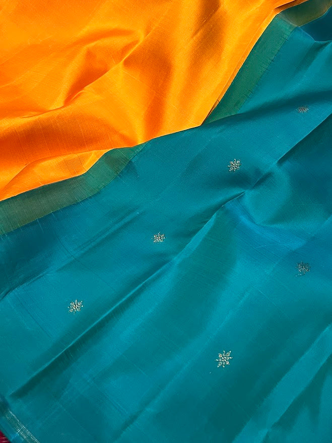 Ranya teal yellow kanchipuram silk saree 3