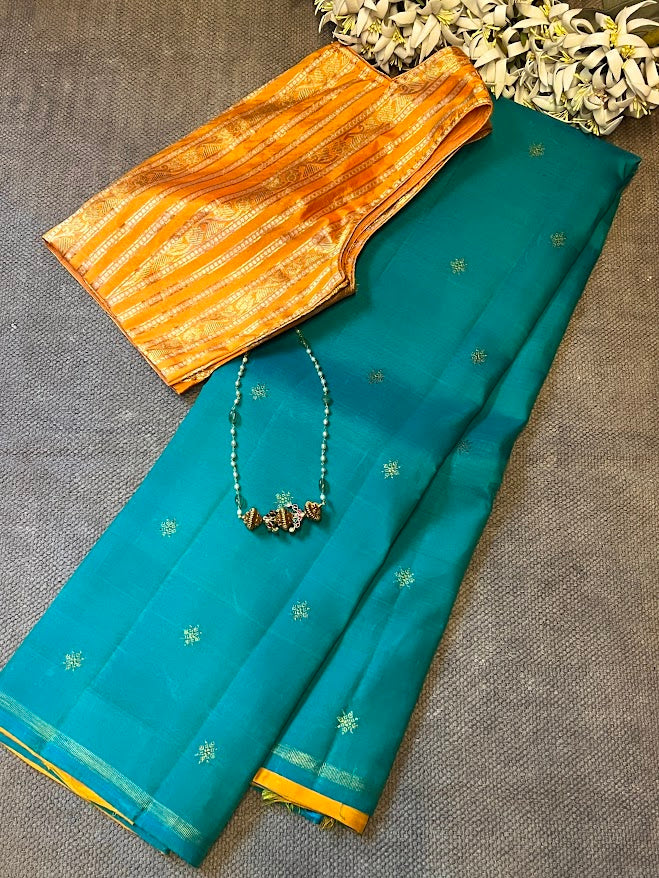 Ranya teal yellow kanchipuram silk saree