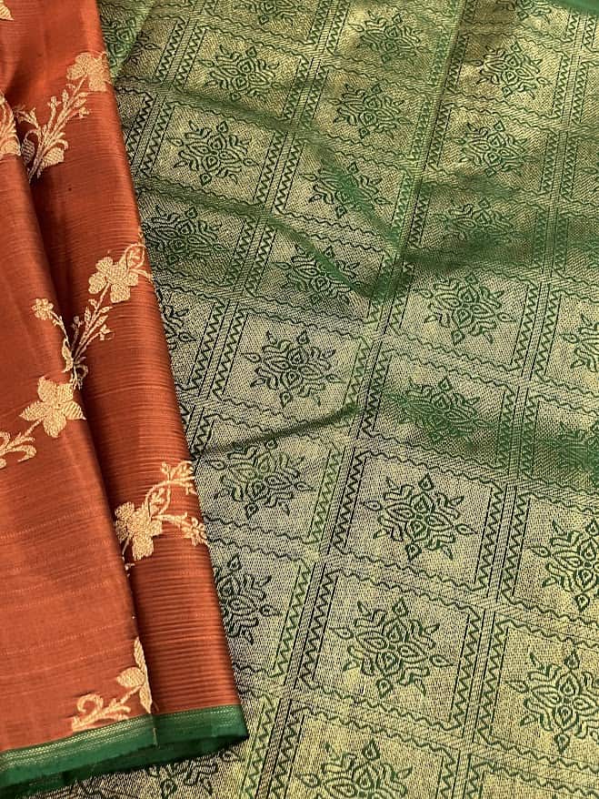 Rust floral design Kanchipuram silk saree 1