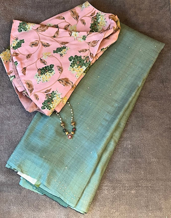 Sage green mukaish work tussar saree 1