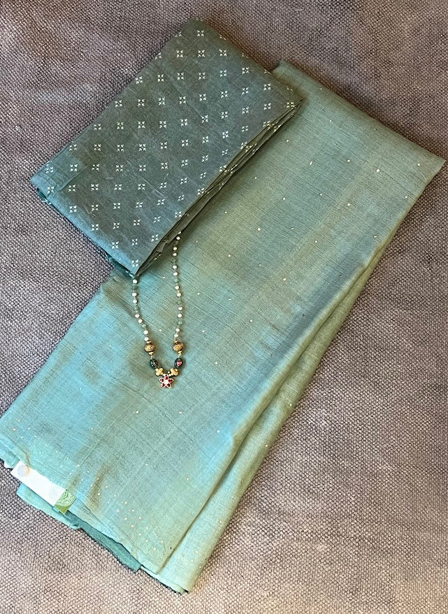 Sage green mukaish work tussar saree