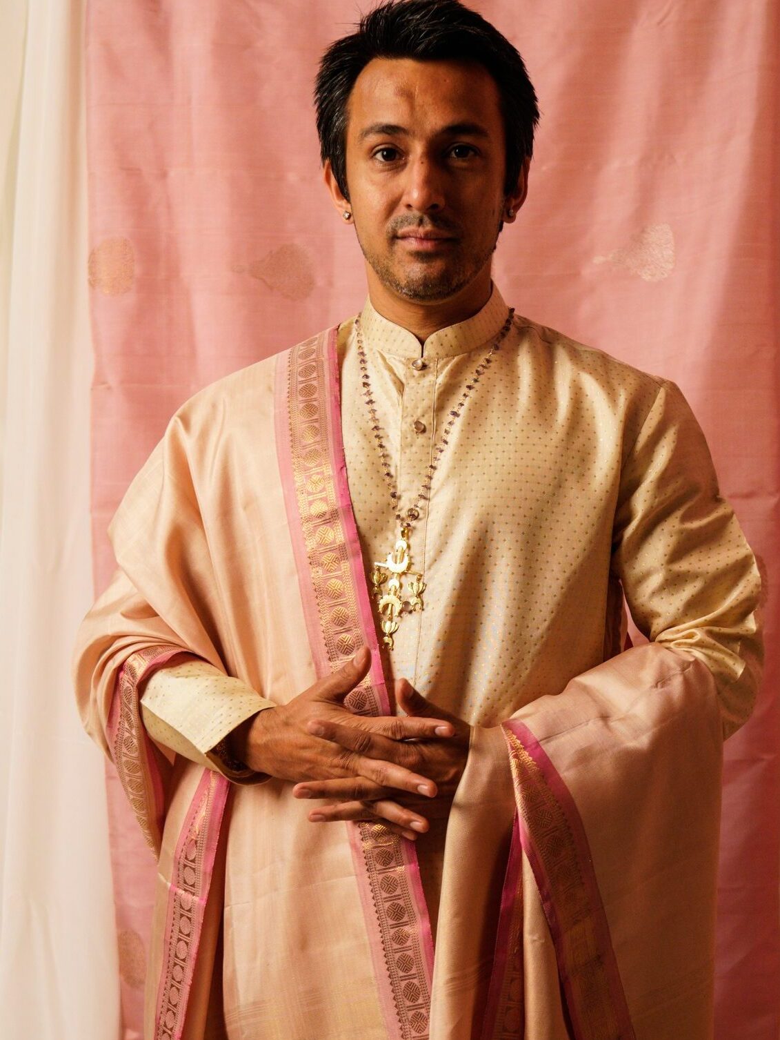 Sah A Cream pink pure silk veshti set