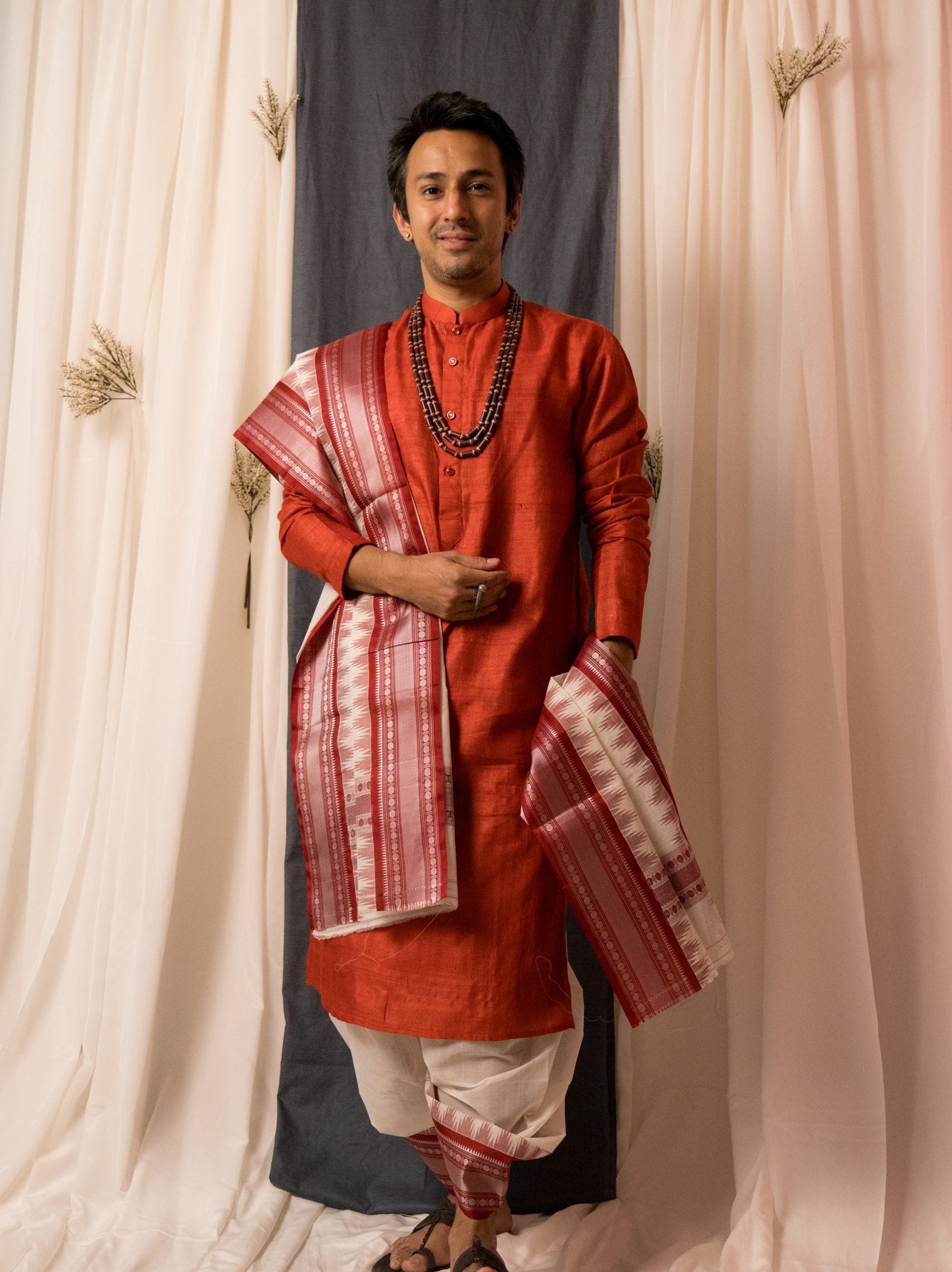 Sah-A White red cotton with silk border veshti set