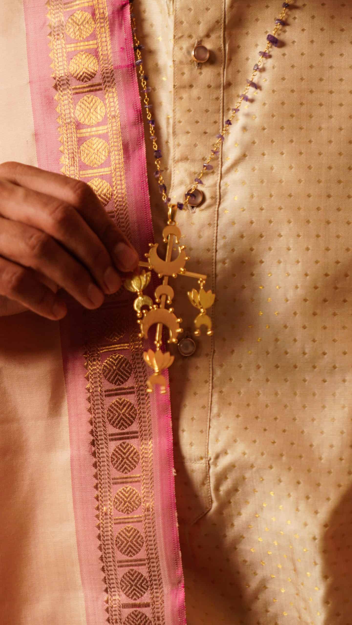 Sah A cream gold silk kurta