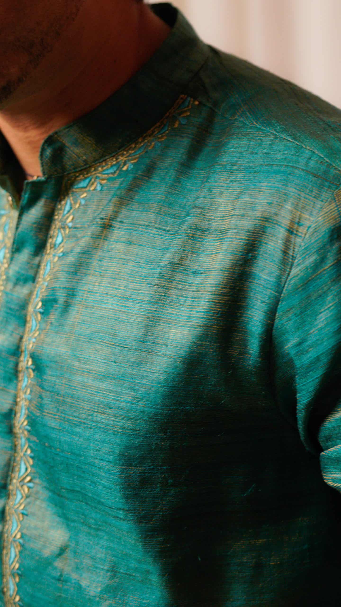 Sah A teal green gold tussar kurta 3