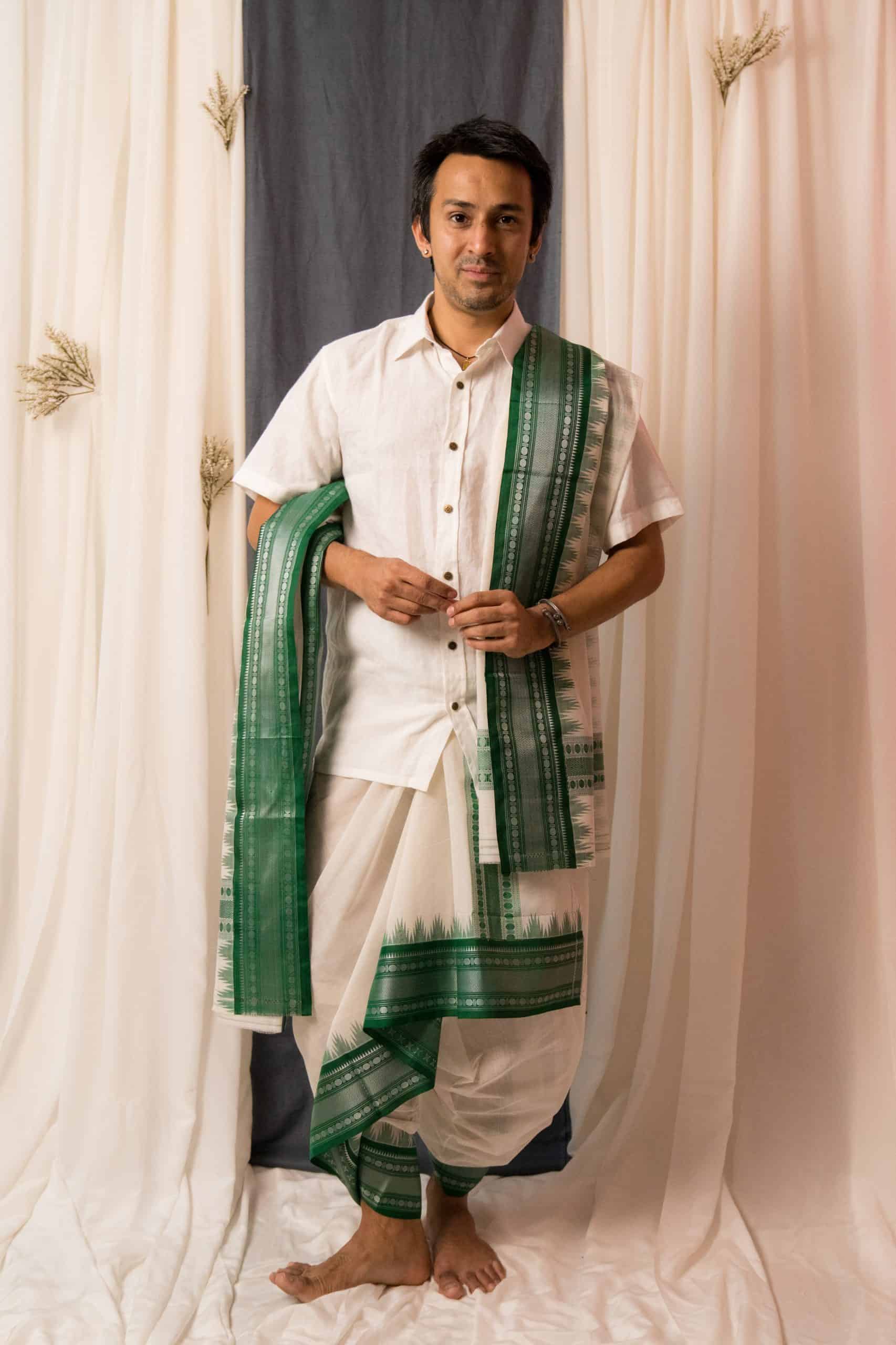 Sah-A white green cotton with silk border veshti set 1