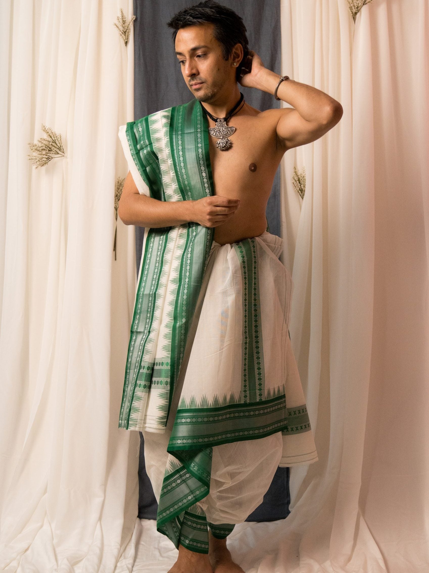 Sah-A white green cotton with silk border veshti set