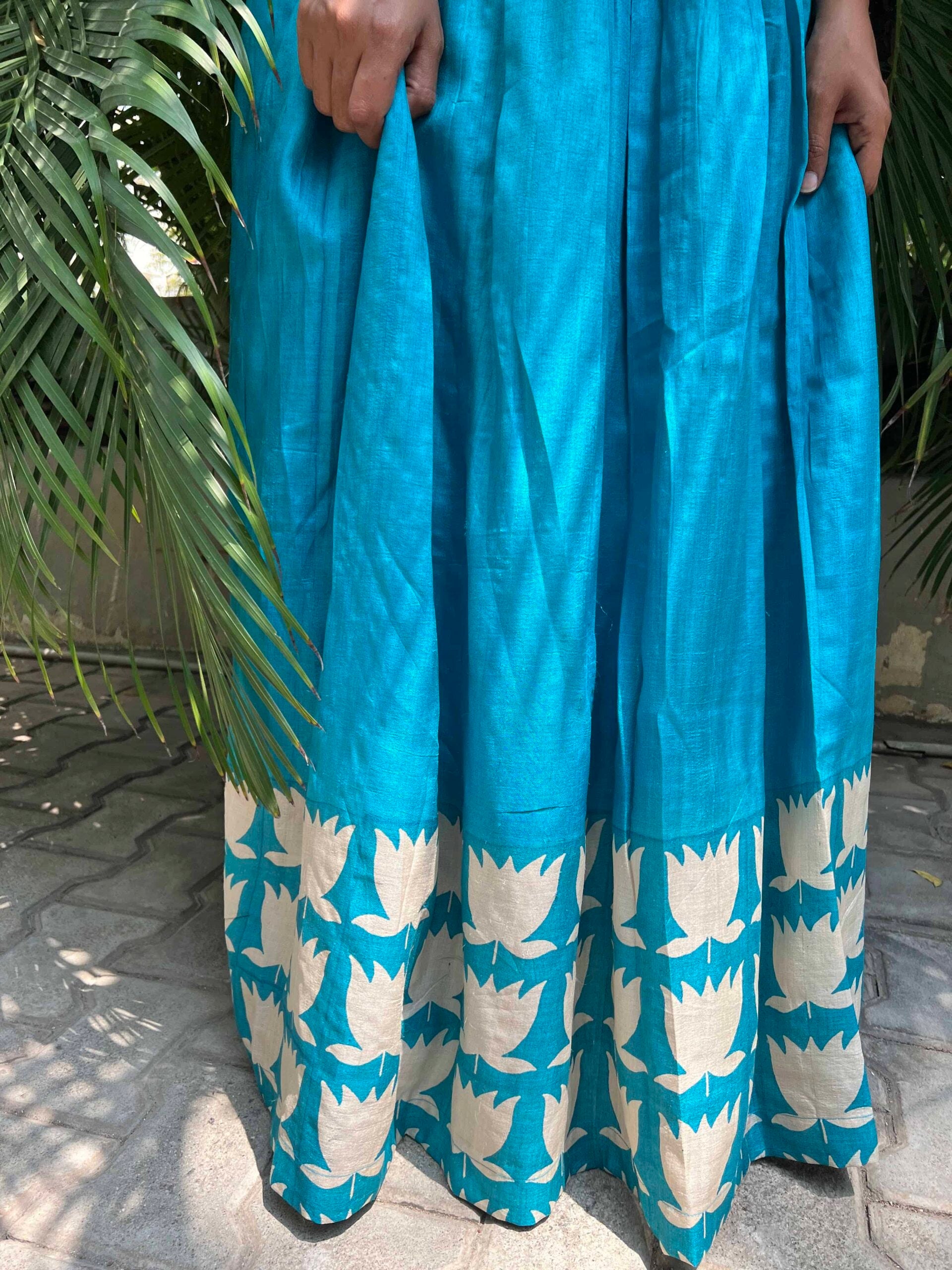 Sky-blue-and-beige-hand-block-printed-tussar-top-and-skirt-1.jpg