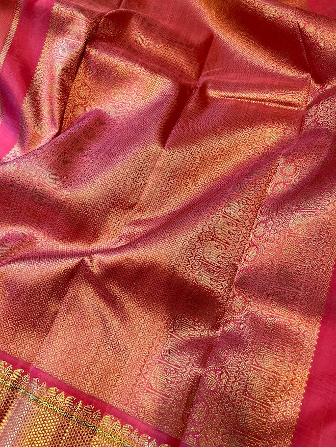 Sumangala beige pink bridal kanchipuram silk saree