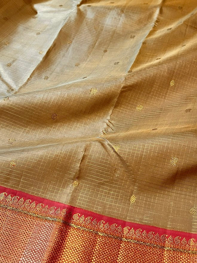 Sumangala beige pink bridal kanchipuram silk saree