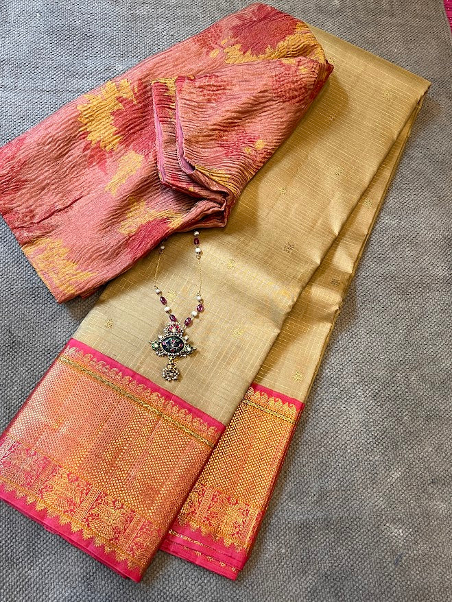 Sumangala beige pink bridal kanchipuram silk saree