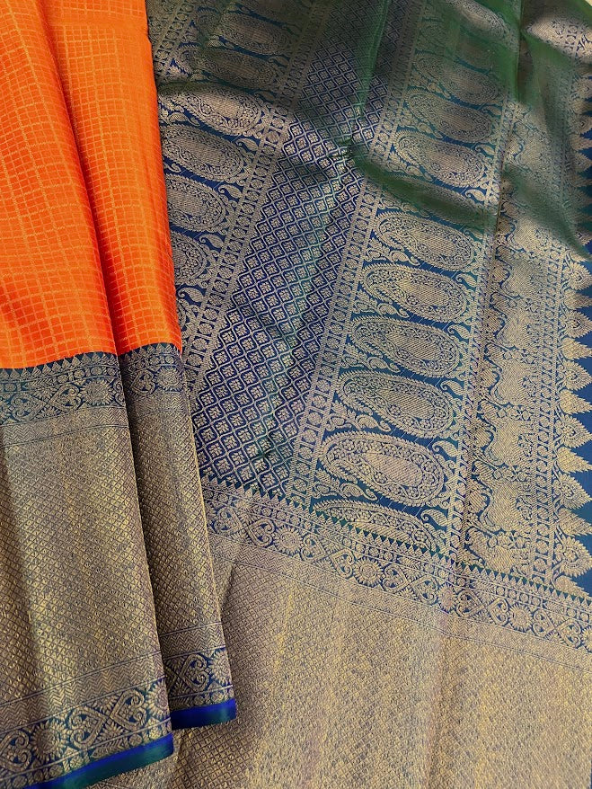 Sumangala orange blue korvai kancheepuram silk saree 1