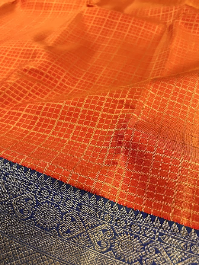 Sumangala orange blue korvai kancheepuram silk saree 3