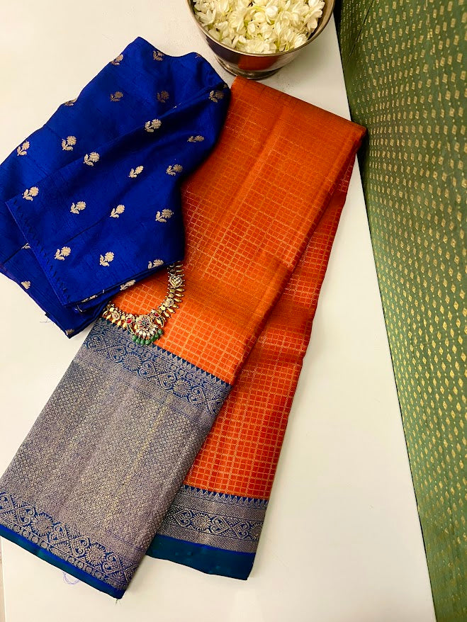 Sumangala orange blue korvai kancheepuram silk saree