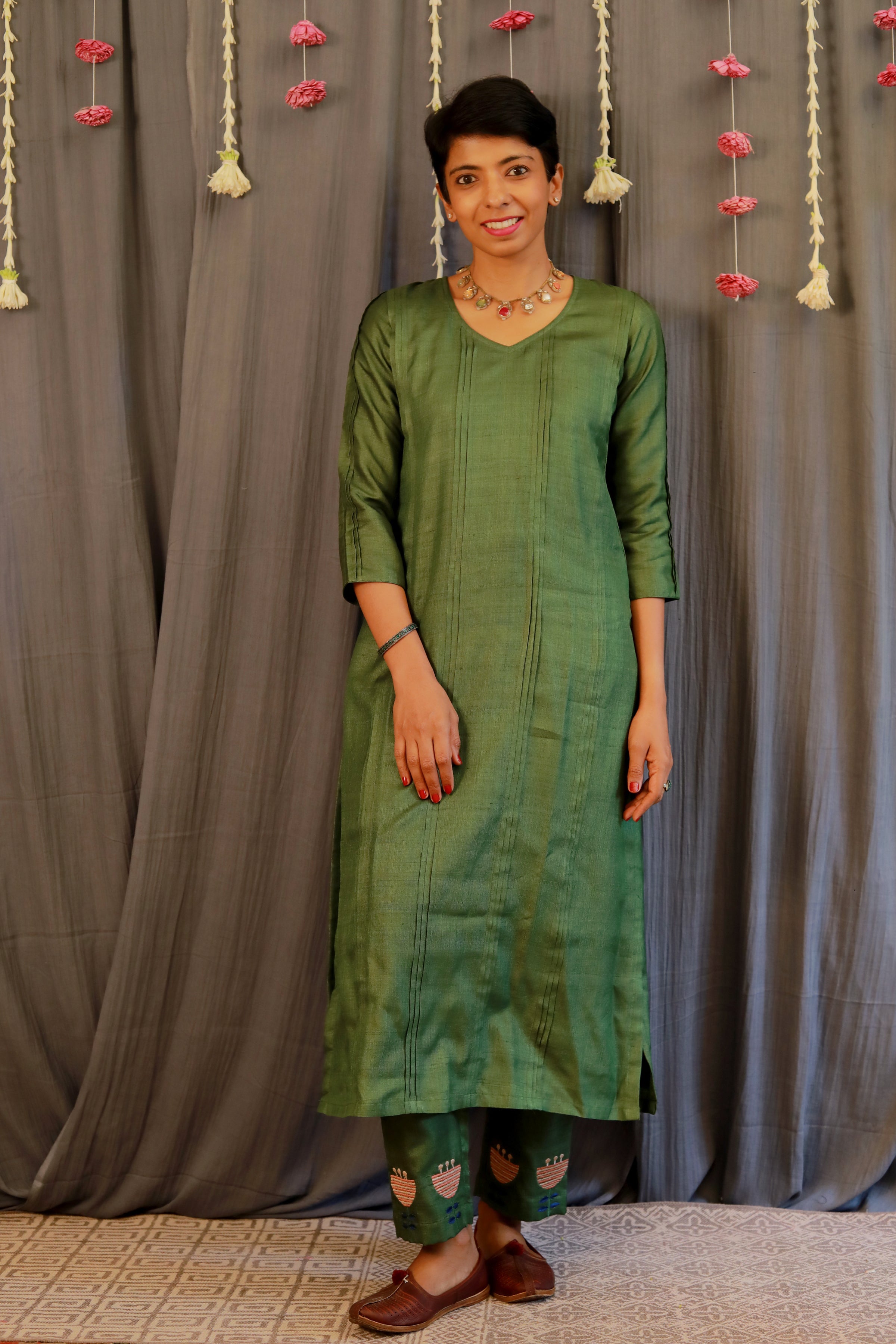 Emerald green pleated kurta