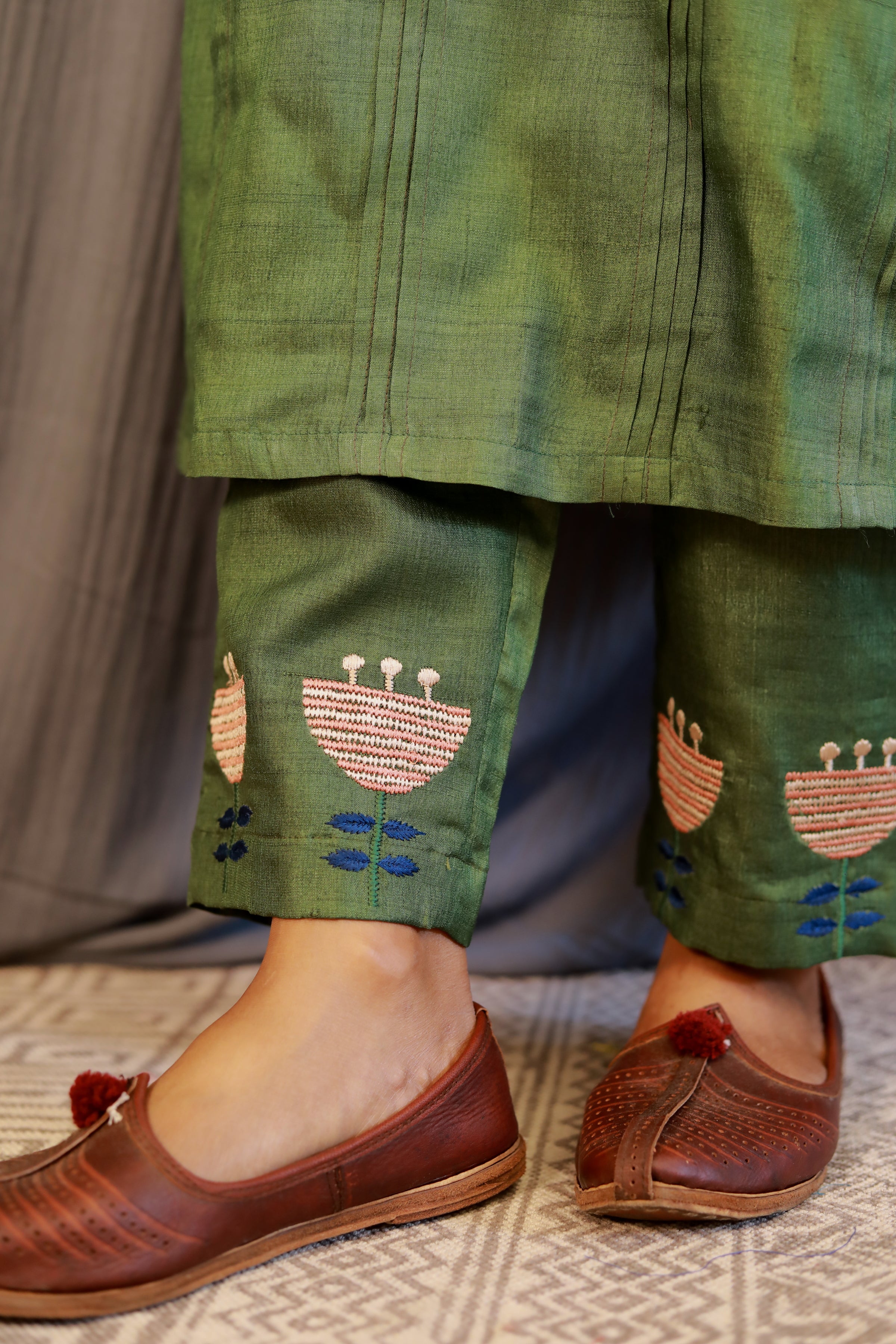 Emerald green embroidered silk pants