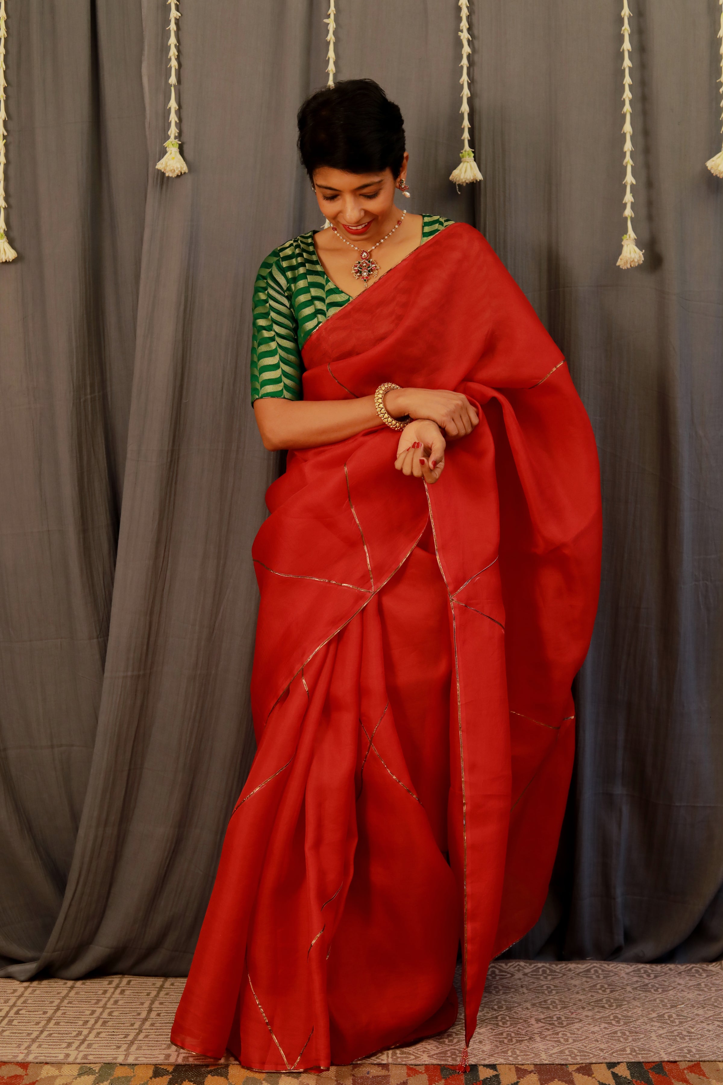 Metallic embroidered organza saree