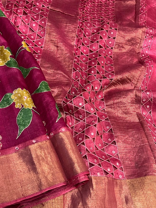 Tashi floral cutwork tussar saree