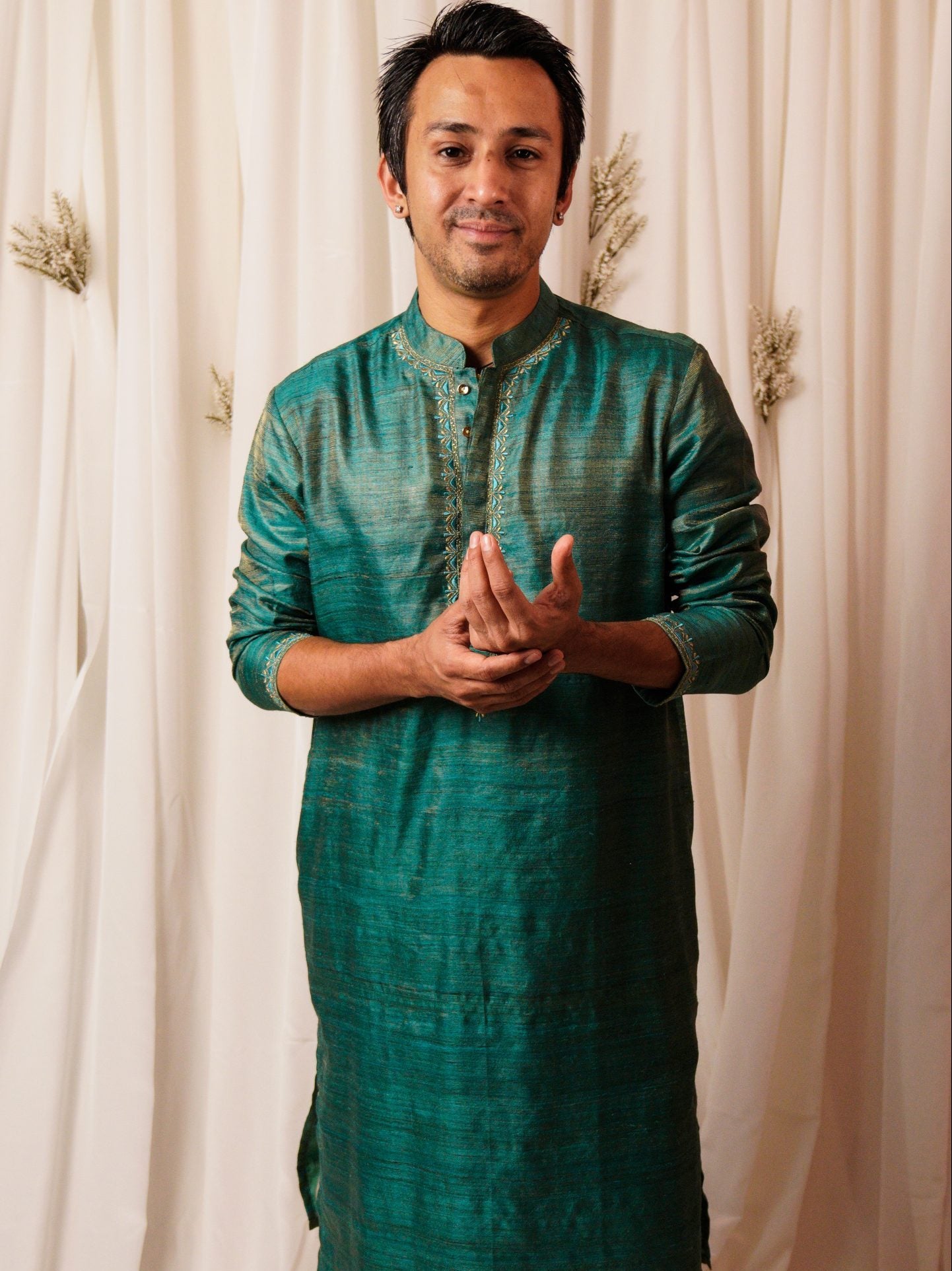 Sah A Teal green gold tussar kurta