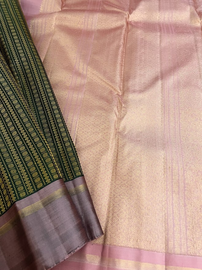 Tejasvi green dusty pink thread woven Kanchipuram silk saree 1