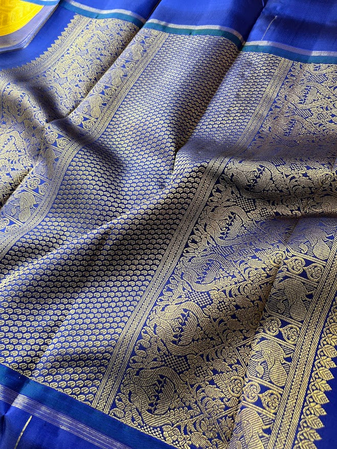 Trayi yellow royal blue chevron kanchipuram silk saree 1