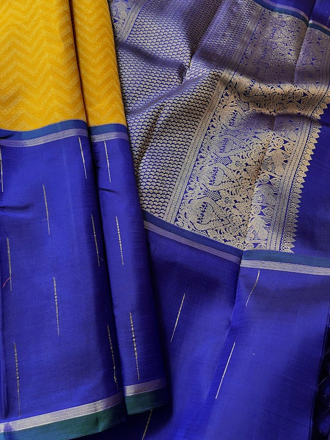 Trayi yellow royal blue chevron kanchipuram silk saree 2