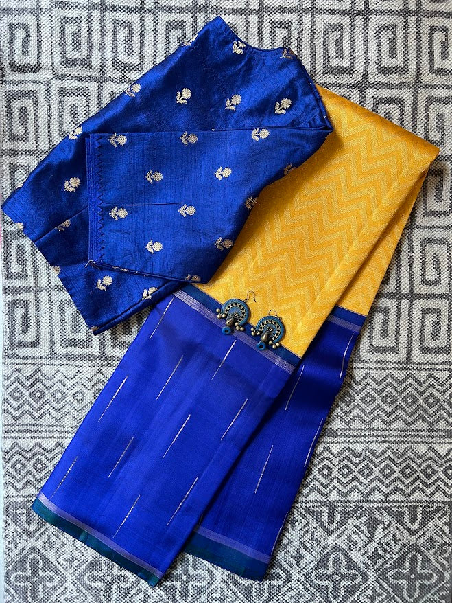 Trayi yellow royal blue chevron kanchipuram silk saree