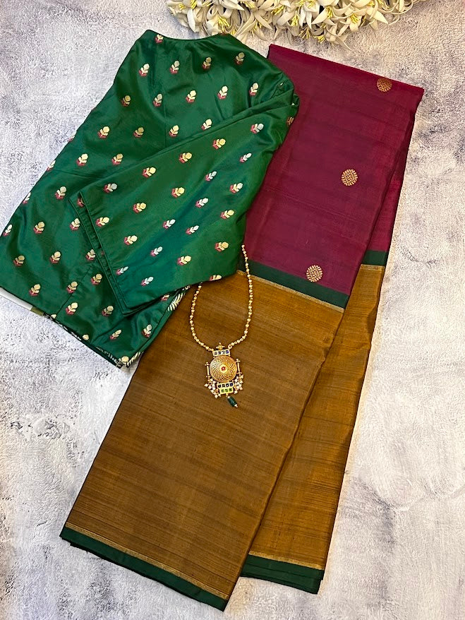 Trayi wine mustard kanchipuram silk saree