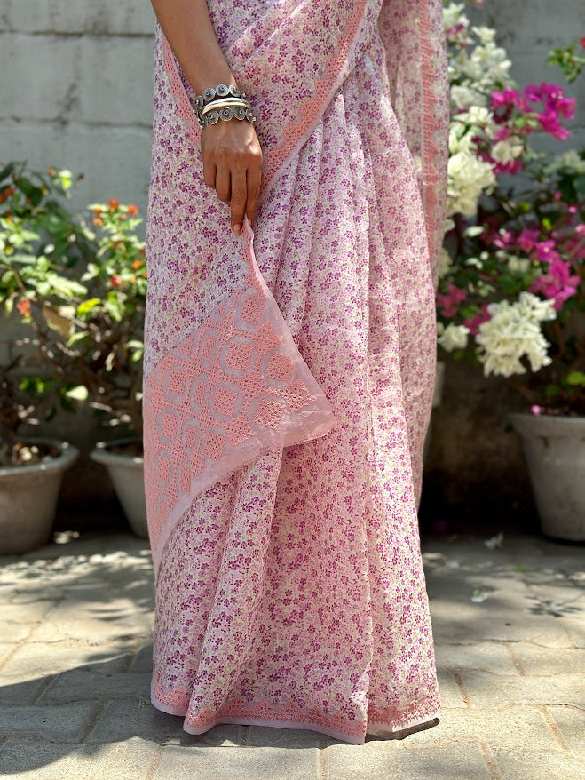 Tuhina dusty pink garden organza kutch saree 7