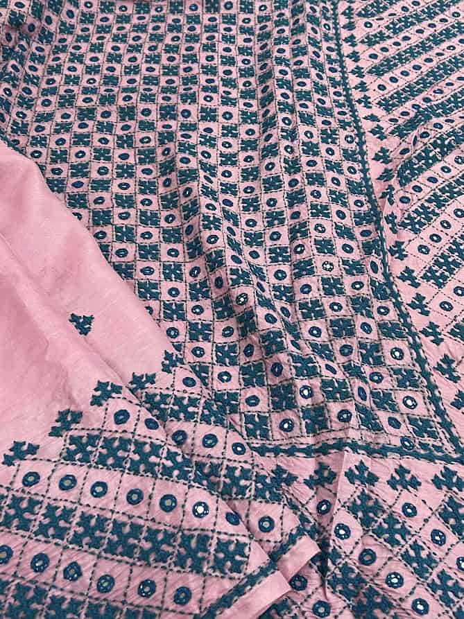 Tushara pink teal kutch embroidered tussar saree 1